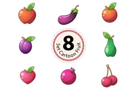 Set Fruit. Orange, apple, eggpalnt, plum, pear, heart, cherry, garnet. Stock Illustration