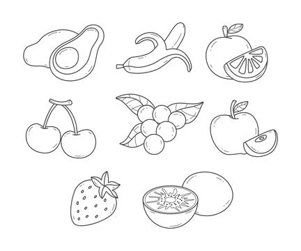 Set of Fruit Outline Set Collection, Set of fruit Line Art juice doodle. av.. Stock Illustration