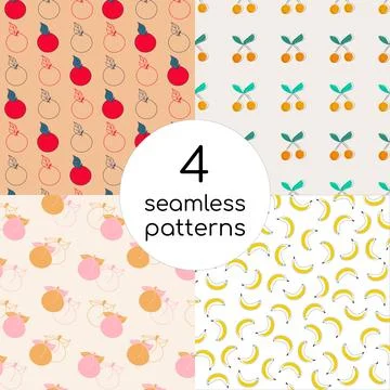 Set Fruit Patterns. Collection seamless prints Apples, Bananas. Peaches or Stock Illustration