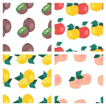 Set of fruit seamless patterns. Kiwi, apples, peaches, lemons, fruit prints Stock Illustration