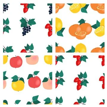 Set of fruit seamless patterns. Oranges, black currants, dog rose, lemons 스톡 일러스트