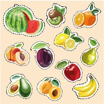 Set of fruit stickers Stock Illustration