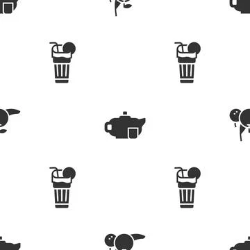 Set Fruit, Teapot with cup and Fresh smoothie on seamless pattern. Vector Stock Illustration