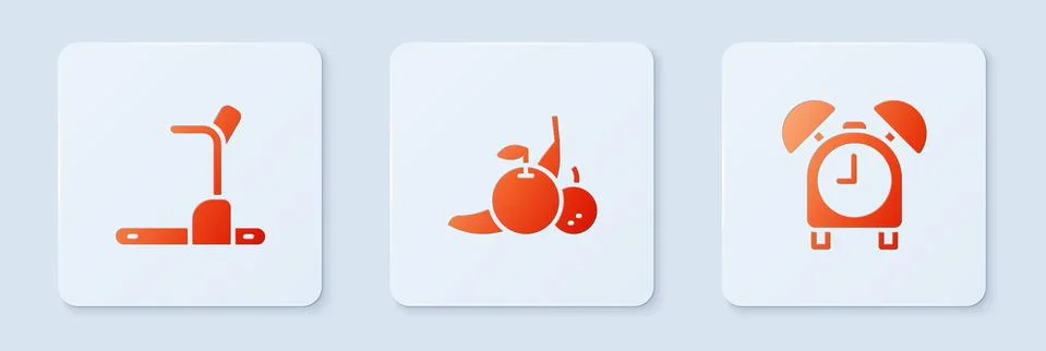 Set Fruit, Treadmill machine and Alarm clock. White square button. Vector Stock Illustration