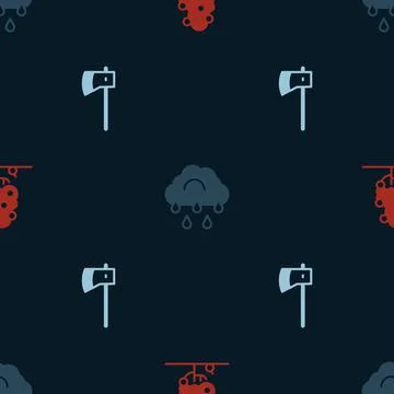 Set Fruit tree, Cloud with rain and Wooden axe on seamless pattern. Vector Illustrazione stock