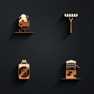 Set Fruit tree, Garden rake, Spray against insects and Well icon with long Stock Illustration