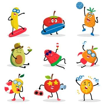 Set of fruit with various activity in cartoon character vector Stock Illustration