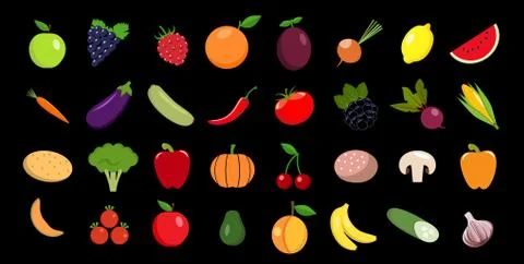 Set of fruits and vegetables Vector icon Stock Illustration