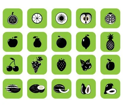 Set of fruits and vegetables. Vector illustration.Black silhouette Stock Illustration
