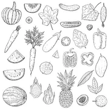 Set of fruits and vegetables. Vector cartoon illustration. Isolated objects. Stock Illustration