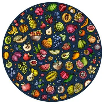 Set of Fruits cartoon doodle objects. Round composition 스톡 일러스트