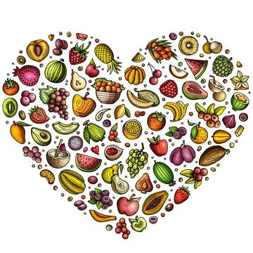Set of Fruits cartoon doodle objects. Heart form composition Stock Illustration
