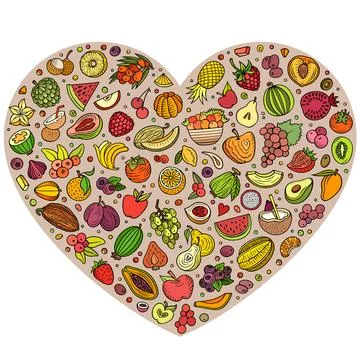 Set of Fruits cartoon doodle objects. Heart form composition Stock Illustration