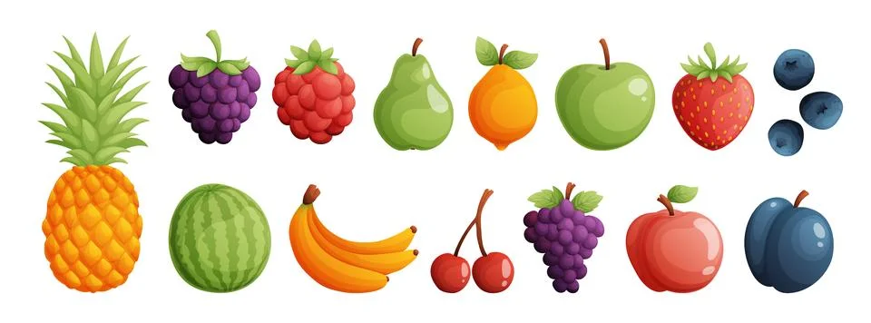 A set of fruits consisting of Pineapple, Raspberry, Blueberry, Pear, Lemon .. Stock Illustration
