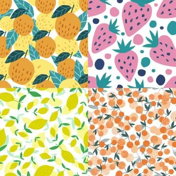 Set of fruits seamless pattern. Cherry berries, apples, lemons, strawberries Stock Illustration