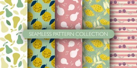 Set of fruits seamless pattern. collection of patterns - lemon with leaves, p Illustrazione stock