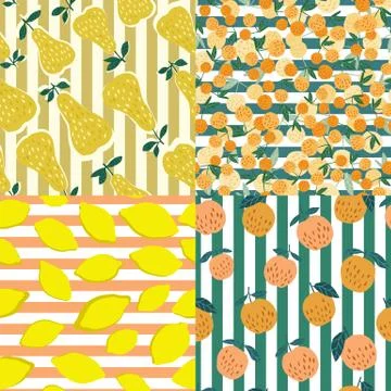 Set of fruits seamless pattern on stripes background. Illustrazione stock