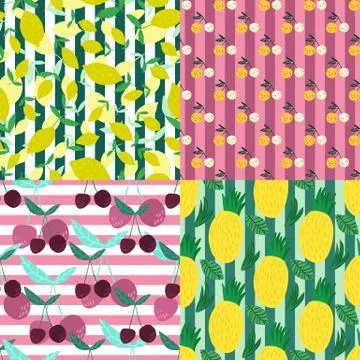 Set of fruits seamless pattern on stripes background. Stock Illustration