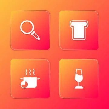 Set Frying pan, Bread toast, Cooking pot and Wine glass icon. Vector Stockillustratie