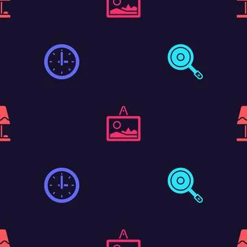 Set Frying pan, Clock, Picture and Table lamp on seamless pattern. Vector Illustration