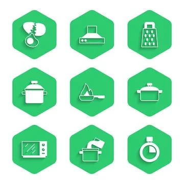 Set Frying pan, Cooking pot, Stopwatch, Microwave oven, Grater and Broken e.. Stock Illustration