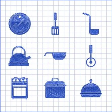 Set Frying pan, Cooking pot, Covered with tray of food, Pizza knife, Oven, .. Illustration