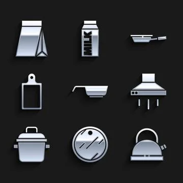 Set Frying pan, Cutting board, Kettle with handle, Kitchen extractor fan Illustration