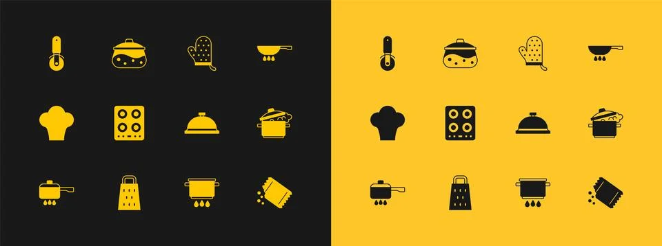 Set Frying pan on fire, Grater, Covered with tray of food, Cooking pot, Gas.. Stock Illustration