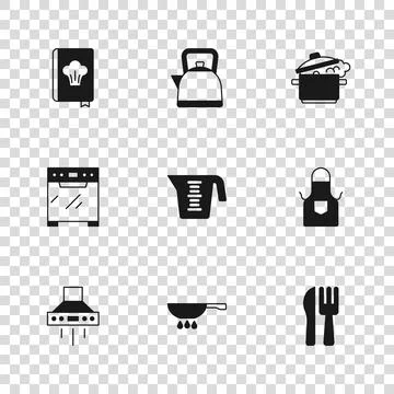 Set Frying pan on fire, Kitchen apron, Crossed knife and fork, Measuring cu.. Stock Illustration