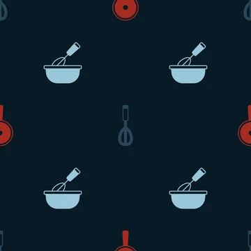 Set Frying pan, Kitchen whisk and Cooking with bowl on seamless pattern. Vector Stock Illustration