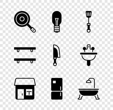 Set Frying pan, Light bulb, Spatula, House, Refrigerator, Bathtub, Empty wooden Illustrazione stock