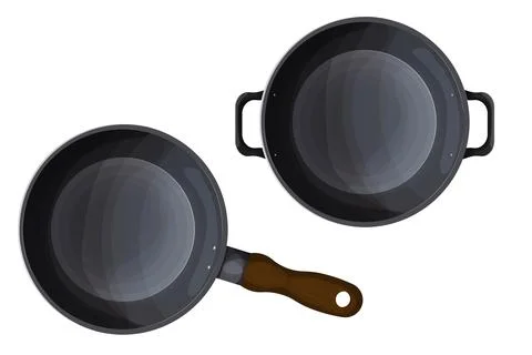 Set Frying pan top view kitchen cookware equipment in cartoon style isolated on Stock Illustration