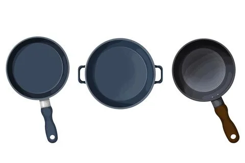 Set Frying pan top view kitchen cookware equipment in cartoon style isolated on Stock Illustration