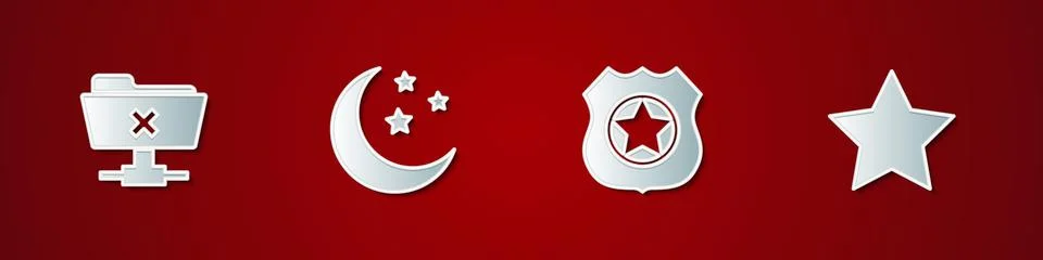Set FTP cancel operation, Moon and stars, Police badge and Star icon. Vector Ilustração Stock