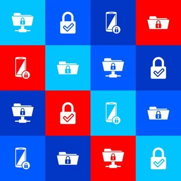 Set FTP folder and lock, Lock check mark, Smartphone with and Folder icon Stock Illustration