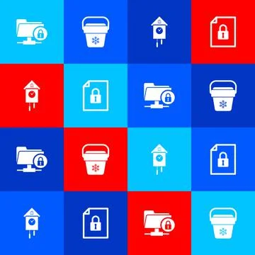 Set FTP folder and lock, Cooler bag, Retro wall watch and Document icon. Vector イラスト素材