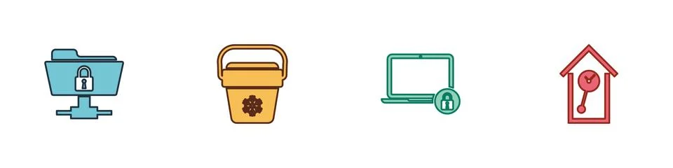 Set FTP folder and lock, Cooler bag, Laptop and Retro wall watch icon. Vector イラスト素材