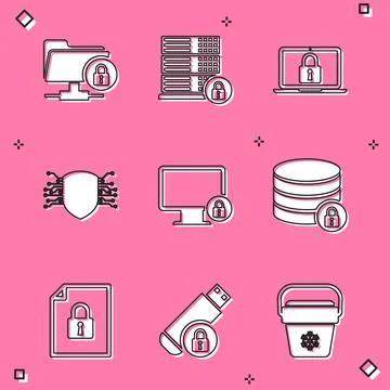Set FTP folder and lock, Server security with, Laptop, Cyber, Lock on monitor Stock Illustration