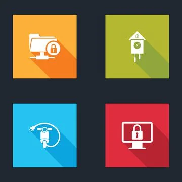 Set FTP folder and lock, Retro wall watch, Electric scooter and Lock on monitor Illustrazione stock