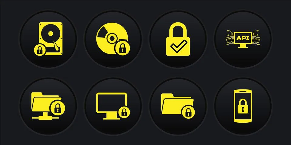 Set FTP folder and lock, Computer api interface, Lock on monitor, Folder, check Stock Illustration