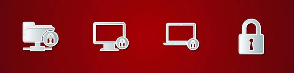 Set FTP folder and lock, Lock on monitor, Laptop and  icon. Vector Stock Illustration