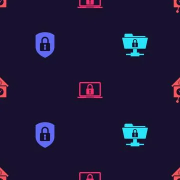 Set FTP folder and lock, Shield security with, Laptop and Retro wall watch on Illustrazione stock