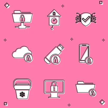 Set FTP folder and lock, Retro wall watch, Cyber security, Cloud computing,.. Stock Illustration