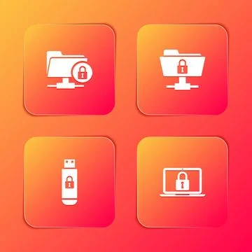 Set FTP folder and lock, , USB flash drive with and Laptop icon. Vector Stock Illustration