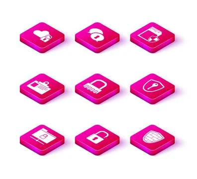 Set FTP folder and lock Open padlock Identification badge Safe combination Sh Stock-Illustration