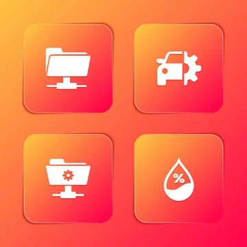 Set FTP folder, Car service, settings and Water drop percentage icon. Vector Ilustração Stock
