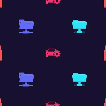 Set FTP folder, , Car service and Bottle of wine on seamless pattern. Vector Stock Illustration