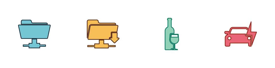 Set FTP folder, download, Wine bottle with glass and Electric car icon. Vector Illustrazione stock