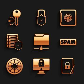 Set FTP folder, Lock on computer monitor, Tablet with closed padlock, Spam, Safe Stock Illustration