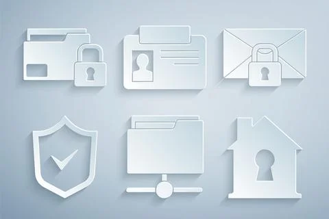 Set FTP folder, Mail message lock password, Shield with check mark, House under Illustrazione stock